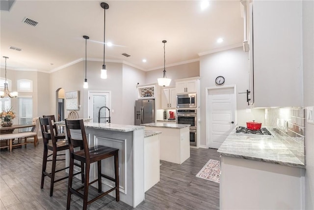 kitchen featuring an island with sink, dark wood-type flooring, stainless steel appliances, and backsplash