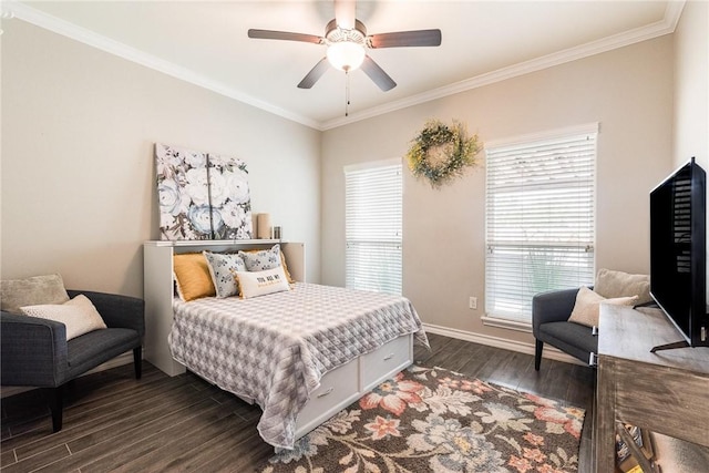 bedroom with dark wood-style floors, ceiling fan, baseboards, and crown molding