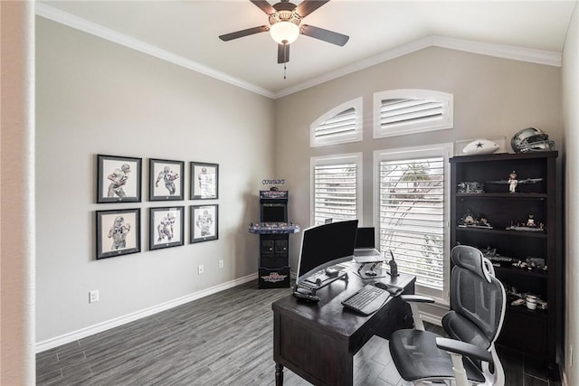 office space with crown molding, baseboards, a ceiling fan, and wood finished floors