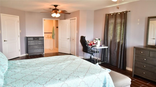 bedroom with ceiling fan and dark hardwood / wood-style flooring