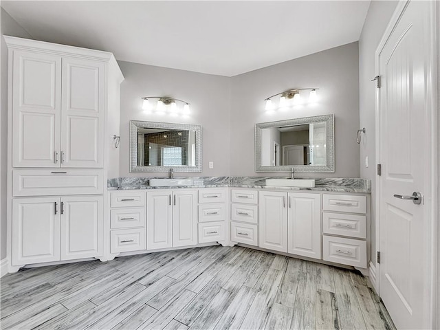 bathroom with a sink, a shower, wood finished floors, and double vanity