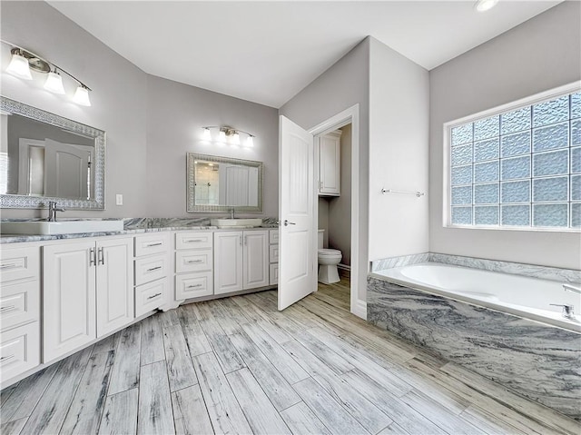 bathroom with toilet, a sink, wood finished floors, double vanity, and a bath