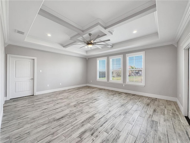 unfurnished room featuring baseboards, ceiling fan, crown molding, and light wood finished floors