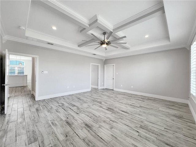 empty room with a ceiling fan, baseboards, coffered ceiling, ornamental molding, and light wood-style floors