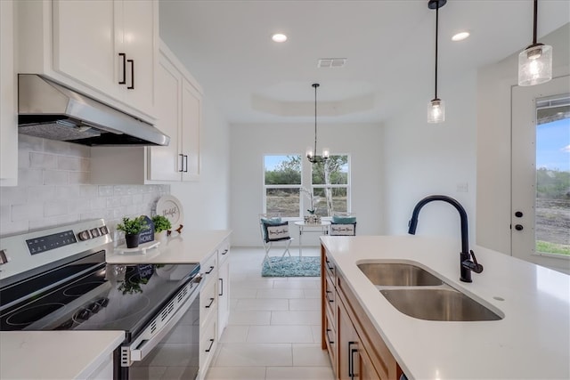 kitchen with stainless steel electric range oven, plenty of natural light, and sink