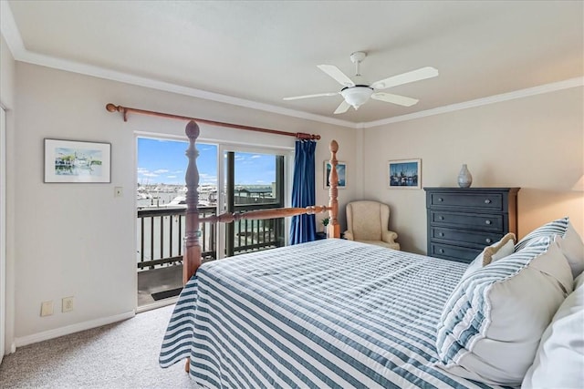 carpeted bedroom featuring a ceiling fan, access to outside, crown molding, and baseboards