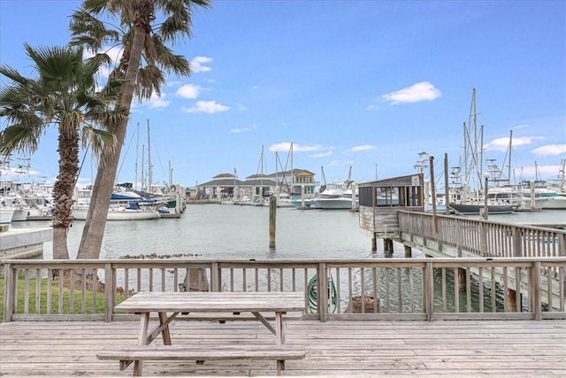 view of dock with a deck with water view