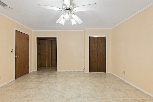 unfurnished bedroom with ceiling fan and ornamental molding