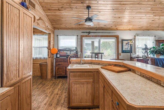 424 Trojan St, Port Aransas, TX 78373 - kitchen featuring a sink, wooden ceiling, vaulted ceiling, wood finished floors, and a ceiling fan