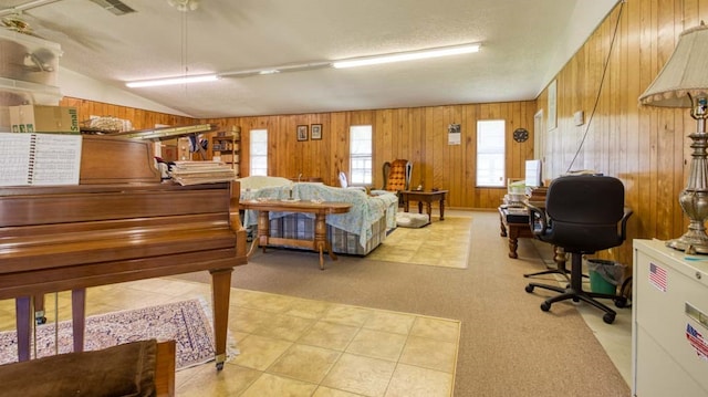 misc room with wood walls, vaulted ceiling, light colored carpet, and a textured ceiling