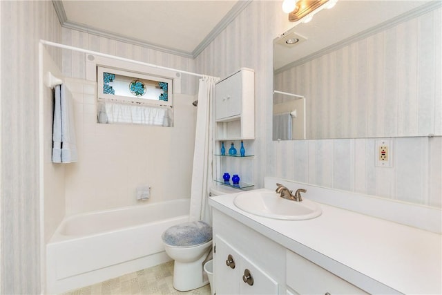 bathroom featuring shower / bath combination with curtain, toilet, wallpapered walls, and ornamental molding