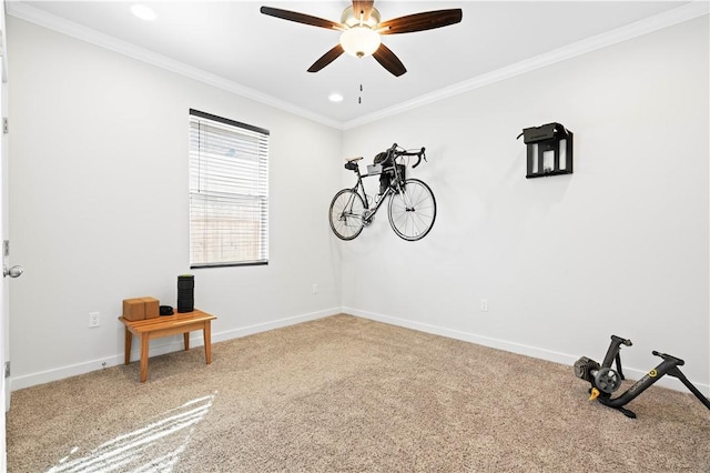 empty room featuring ornamental molding, carpet, and ceiling fan