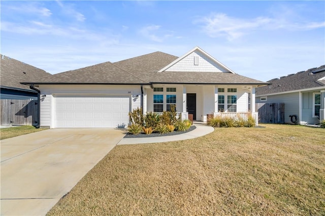 single story home featuring a garage, a front lawn, and a porch