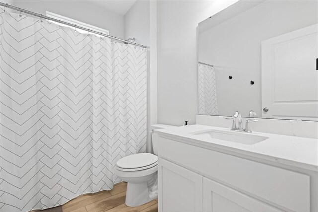 bathroom with vanity, wood-type flooring, and toilet