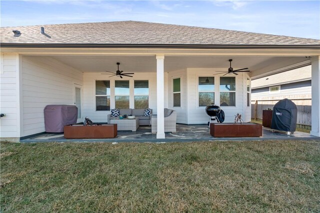 exterior space featuring an outdoor hangout area, a patio area, ceiling fan, and a lawn