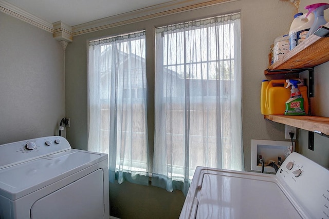 laundry area featuring crown molding and washer and clothes dryer