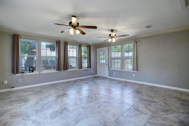 unfurnished room featuring ceiling fan and ornamental molding