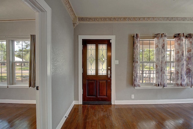 entryway with crown molding, dark hardwood / wood-style flooring, and a healthy amount of sunlight