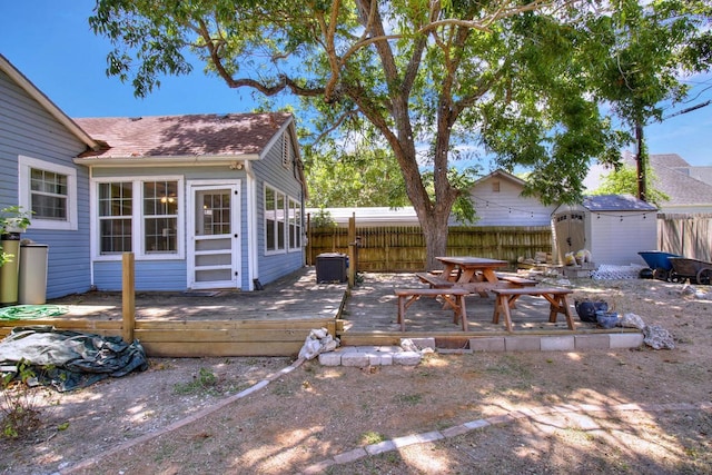 exterior space with a shed