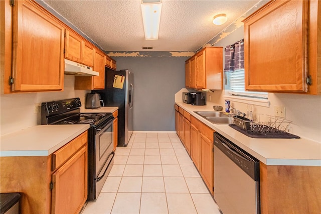 kitchen featuring dishwasher, sink, black electric range, a textured ceiling, and light tile patterned floors