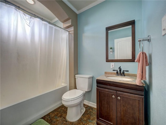 full bathroom with shower / bathtub combination with curtain, toilet, vanity, and ornamental molding