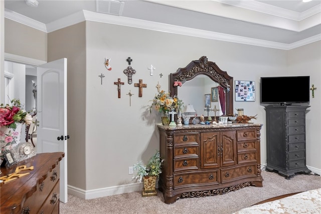 carpeted bedroom with crown molding