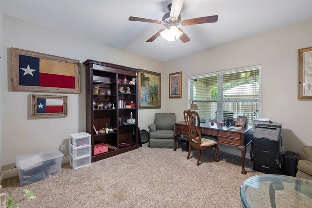 office area featuring ceiling fan and carpet flooring