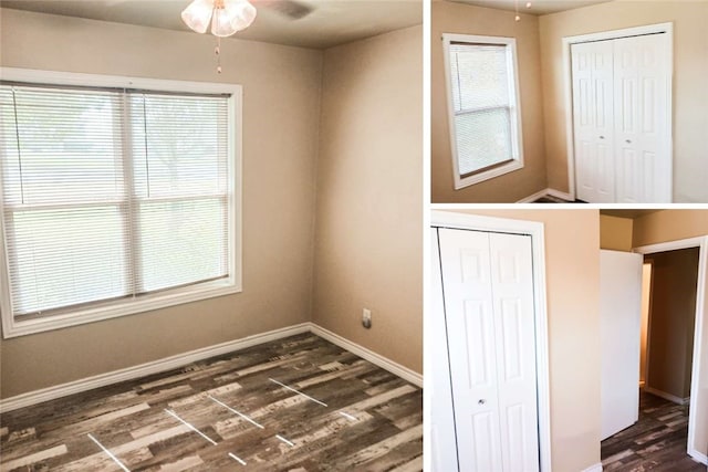 interior space featuring ceiling fan, dark hardwood / wood-style floors, and plenty of natural light