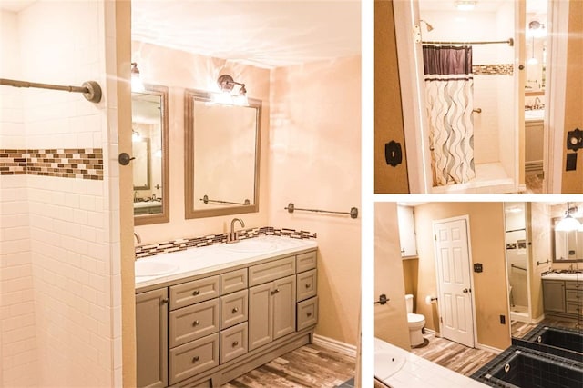 bathroom with hardwood / wood-style floors, vanity, toilet, and a shower with curtain