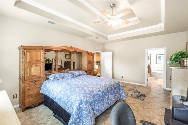 bedroom with light tile patterned floors, baseboards, visible vents, and a raised ceiling