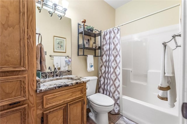 full bathroom with toilet, tile patterned flooring, shower / bath combo, and vanity