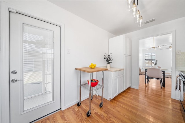 interior space with baseboards, visible vents, and light wood finished floors