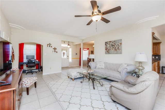 2522 Fleece Dr, Corpus Christi, TX 78414 - living area featuring light tile patterned floors, ceiling fan, a desk, and baseboards