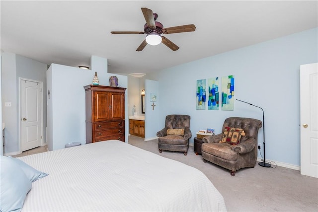 2522 Fleece Dr, Corpus Christi, TX 78414 - bedroom with light colored carpet, a ceiling fan, baseboards, and ensuite bathroom