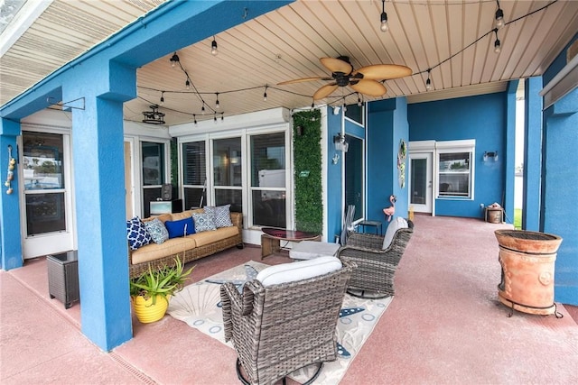 view of patio featuring ceiling fan and an outdoor hangout area