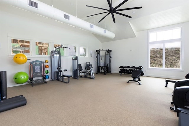 workout area with ceiling fan and carpet floors