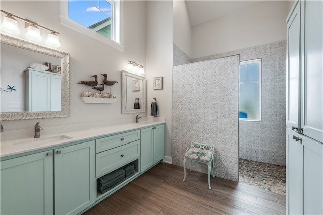 bathroom featuring a shower, hardwood / wood-style flooring, and vanity