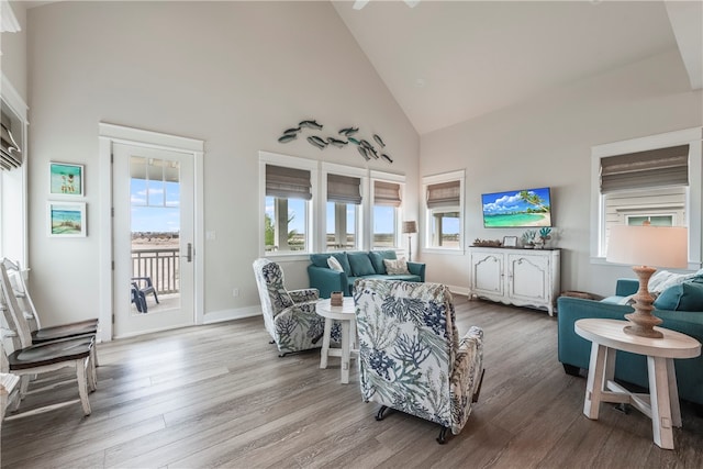 living room with high vaulted ceiling and wood-type flooring