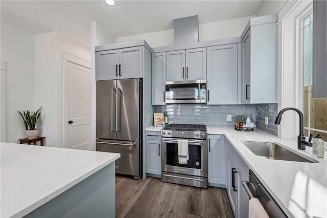 kitchen with stainless steel appliances, gray cabinets, and sink