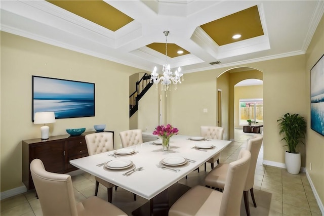 7445 Lake Micala Dr, Corpus Christi, TX 78413 - dining area featuring arched walkways, coffered ceiling, a chandelier, ornamental molding, and light tile patterned flooring