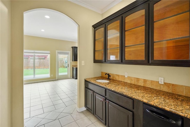 7445 Lake Micala Dr, Corpus Christi, TX 78413 - bar area featuring arched walkways, ornamental molding, light tile patterned flooring, black dishwasher, and recessed lighting