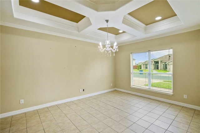 7445 Lake Micala Dr, Corpus Christi, TX 78413 - unfurnished room featuring ornamental molding, a chandelier, coffered ceiling, recessed lighting, and light tile patterned floors