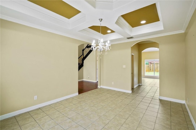 7445 Lake Micala Dr, Corpus Christi, TX 78413 - unfurnished room with arched walkways, a chandelier, coffered ceiling, ornamental molding, and light tile patterned flooring