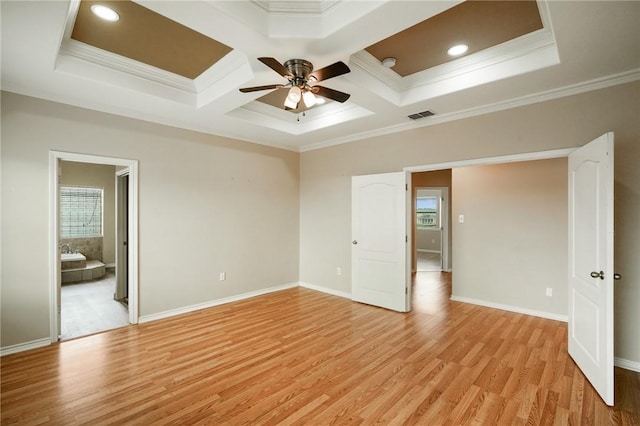 7445 Lake Micala Dr, Corpus Christi, TX 78413 - unfurnished room with ornamental molding, a ceiling fan, light wood-style floors, coffered ceiling, and beamed ceiling