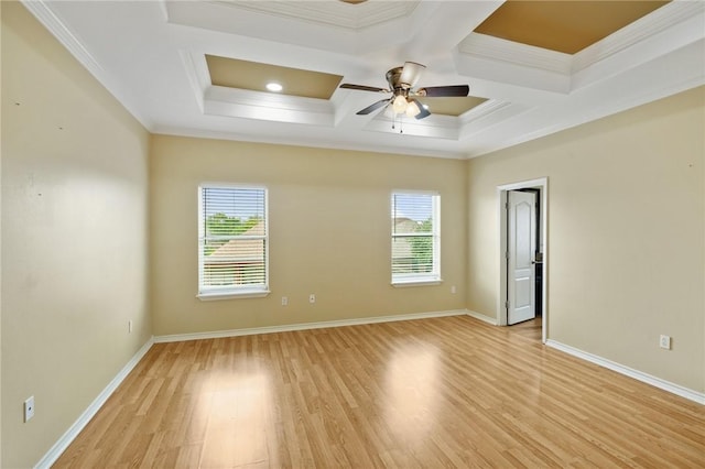 7445 Lake Micala Dr, Corpus Christi, TX 78413 - empty room with plenty of natural light, light wood-style floors, coffered ceiling, crown molding, and a ceiling fan