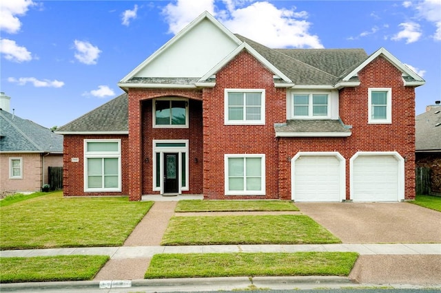7445 Lake Micala Dr, Corpus Christi, TX 78413 - view of front of house featuring asphalt driveway, roof with shingles, brick siding, a front lawn, and an attached garage
