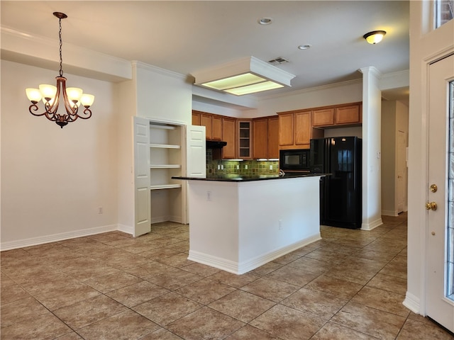 kitchen with crown molding, a notable chandelier, black appliances, decorative backsplash, and decorative light fixtures