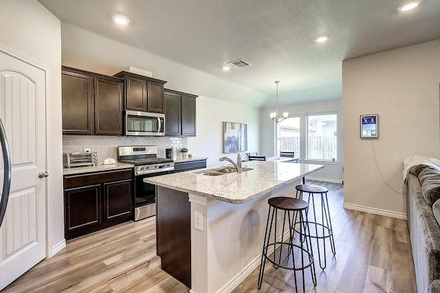 7510 Lasso Dr, Corpus Christi, TX 78414 - kitchen featuring appliances with stainless steel finishes, a sink, a kitchen breakfast bar, a kitchen island with sink, and light wood-type flooring