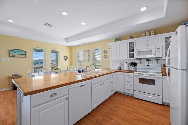 kitchen featuring white appliances, a sink, a peninsula, a tray ceiling, and healthy amount of natural light