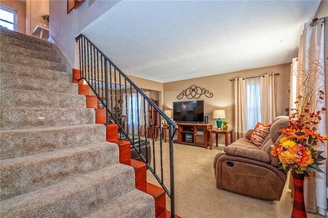 staircase featuring carpet flooring